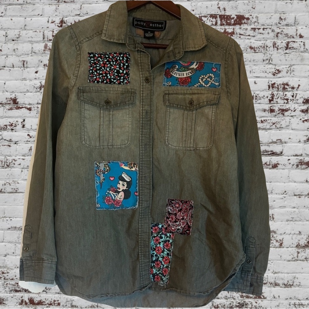 Upcycled flower and sailor tattoo patched shirt